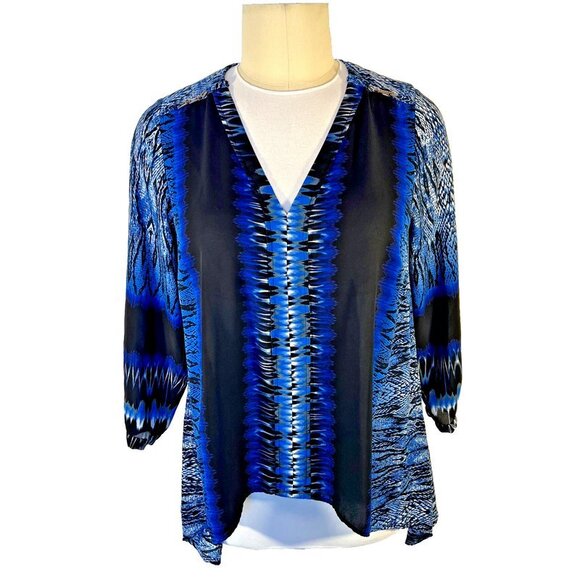 NY Collection - Blouse Tunic Women's 1X Blue Snake Animal Print V-Neck Roll Tab - Picture 1 of 14